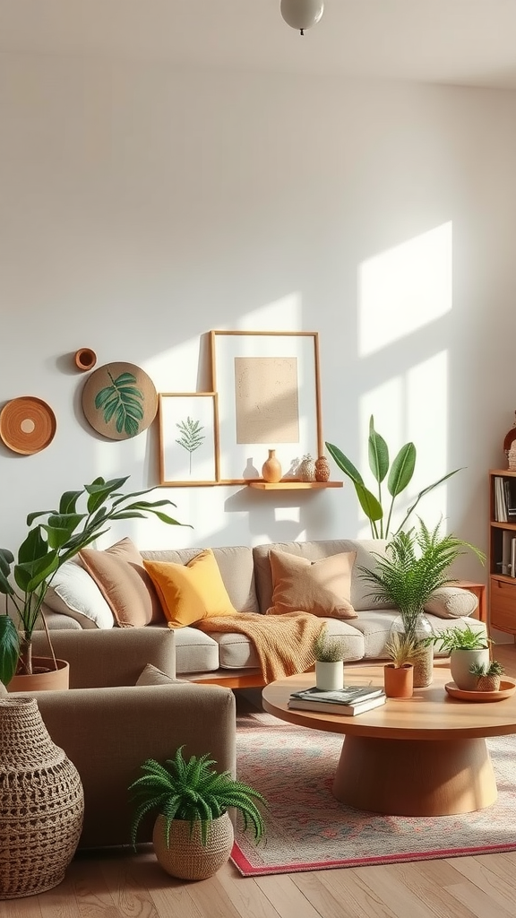 A cozy living room featuring potted plants, a wooden coffee table, and earthy-toned decor.