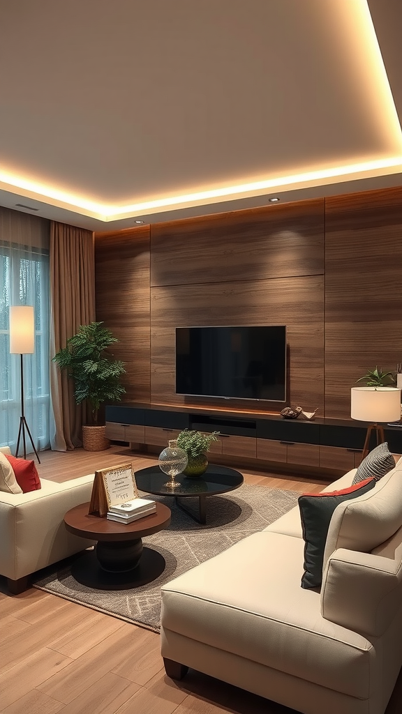 A modern living room with soft LED lighting along the ceiling and stylish furniture.