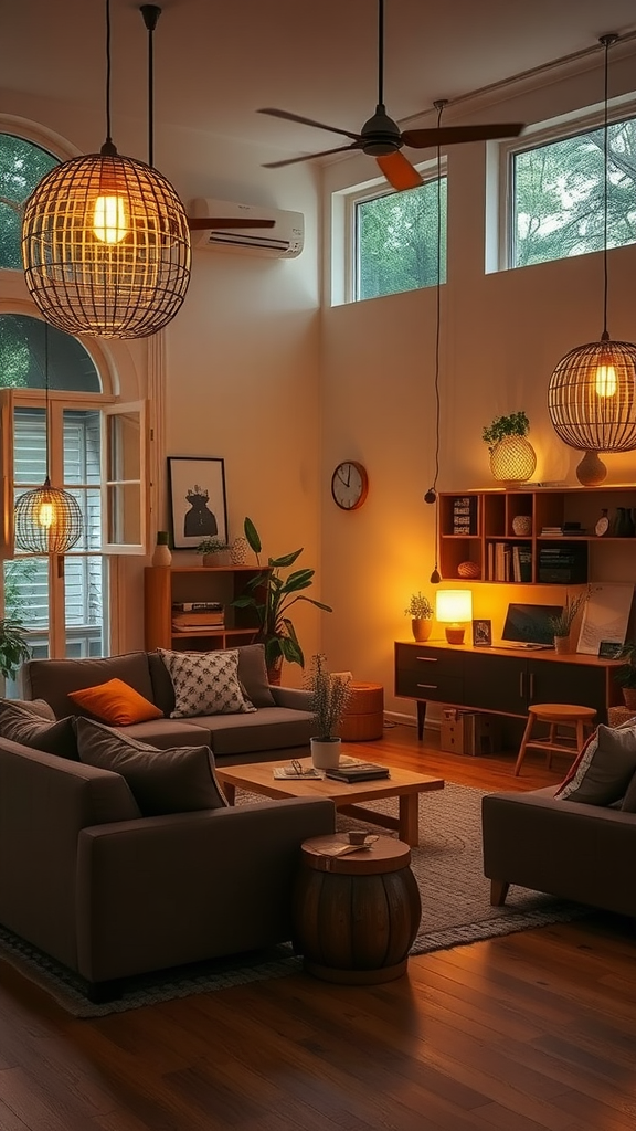 A cozy living room featuring sustainable lighting fixtures with warm, woven pendant lights and a natural decor style.