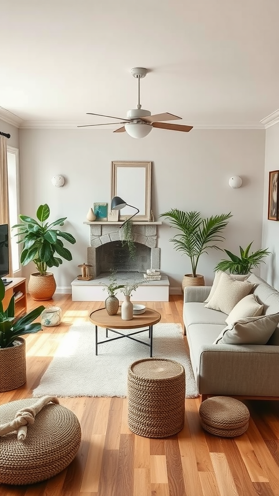 A modern living room featuring wooden floors, plants, and eco-friendly decor items.