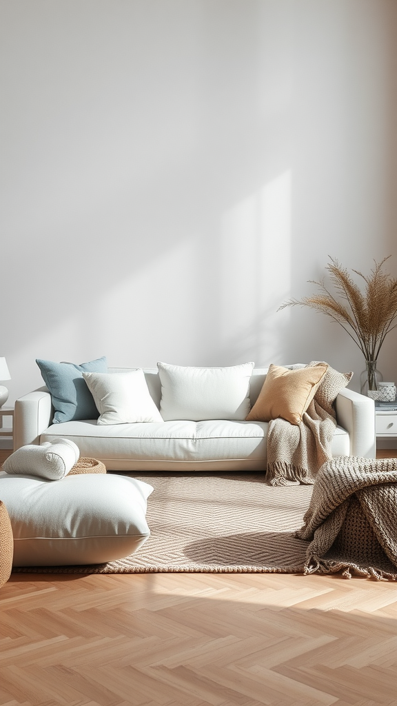 A cozy minimalist living room with a white sofa, textured cushions, and a woven rug.