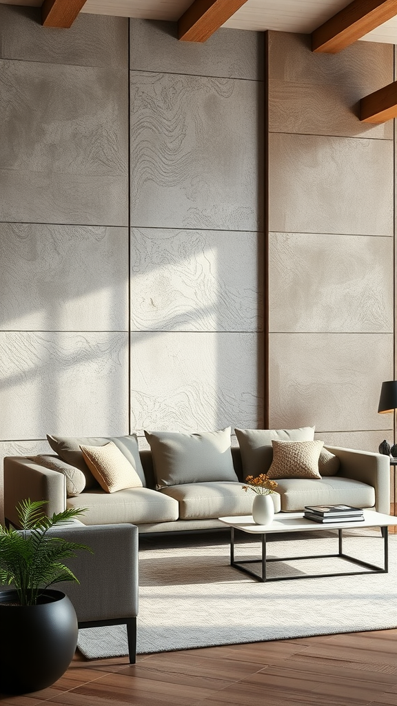 Modern living room with textured wall treatments and neutral decor.