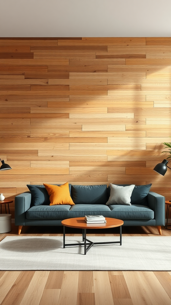 Living room with a textured wooden wall, blue sofa, and round coffee table.