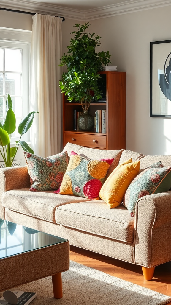 A cozy living room with a beige couch decorated with colorful upcycled fabric cushions.