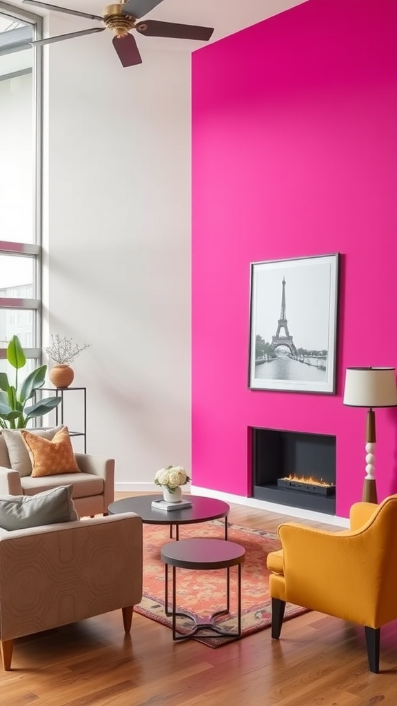 Living room featuring a bold pink accent wall, neutral furniture, and stylish decor.