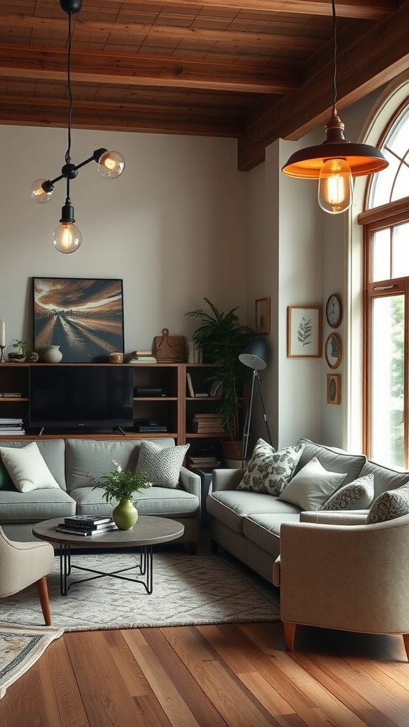 A cozy living room with vintage-inspired lighting fixtures, showcasing a mix of modern and retro design elements.