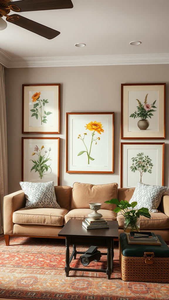 Living room with vintage botanical prints framed on the wall above a cozy couch.