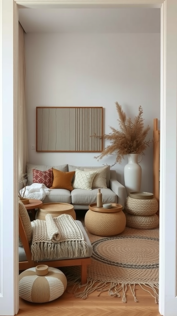 A cozy living room with woven textiles and throws, featuring a neutral color palette and natural elements.