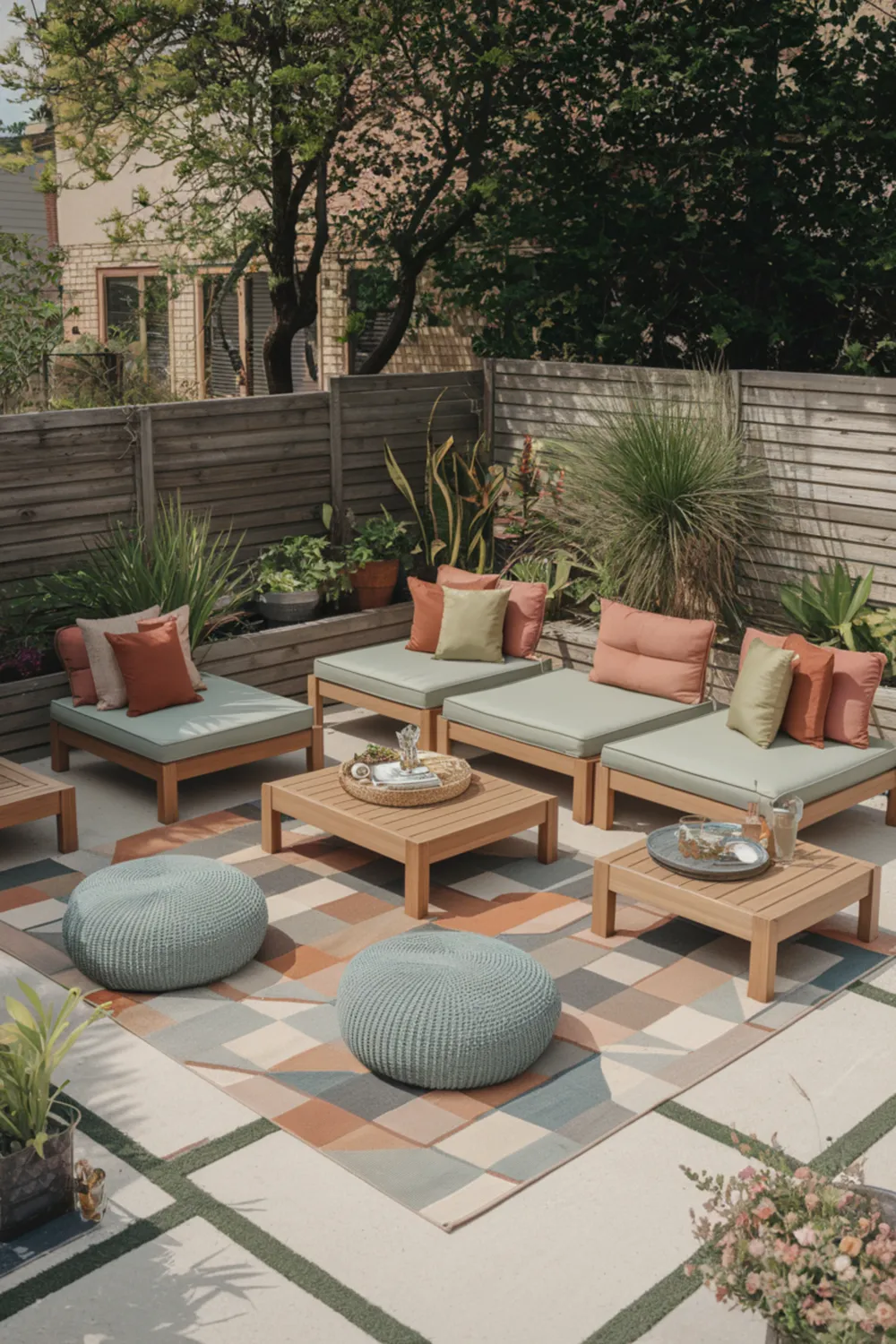 Portable outdoor furniture arranged in a cozy rental backyard